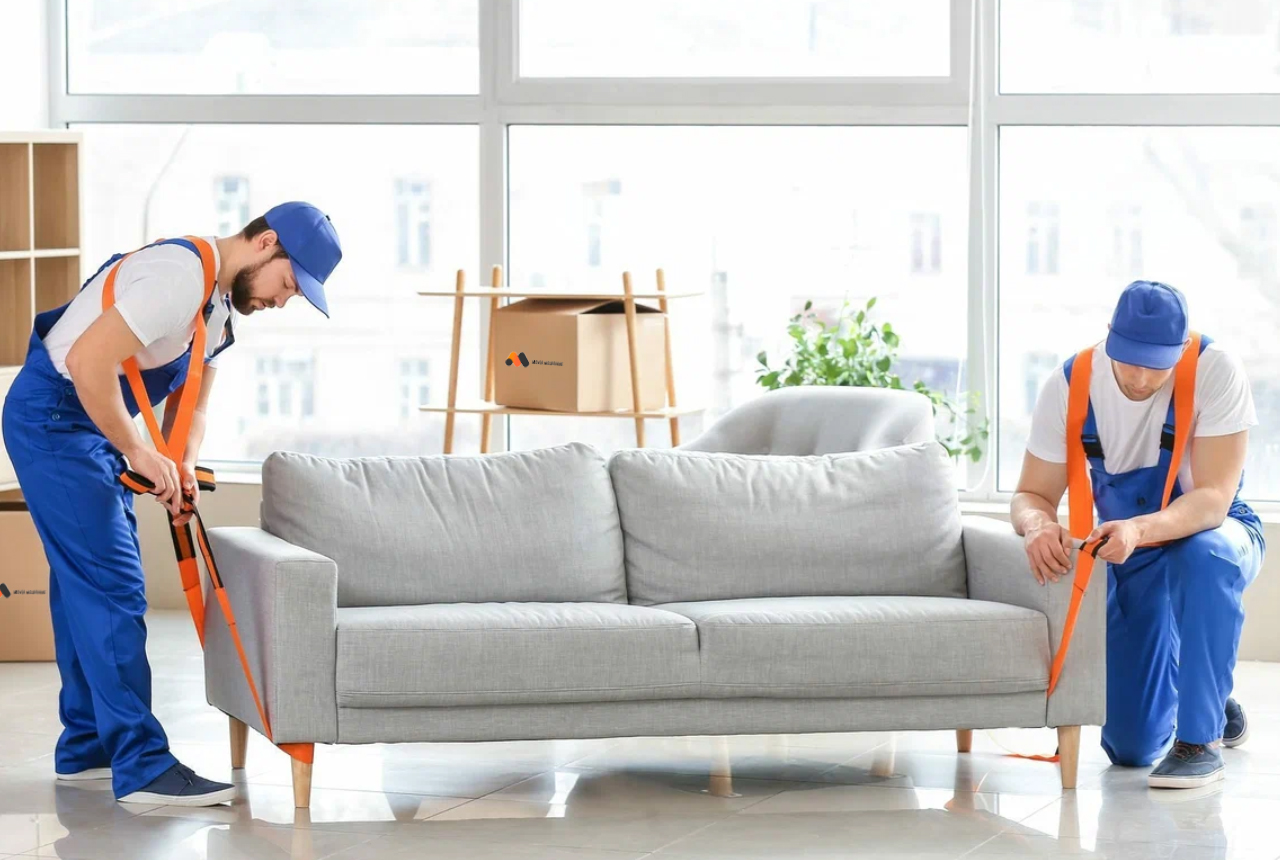 Professional furniture movers in Longmont CO safely moving a sofa and household furniture